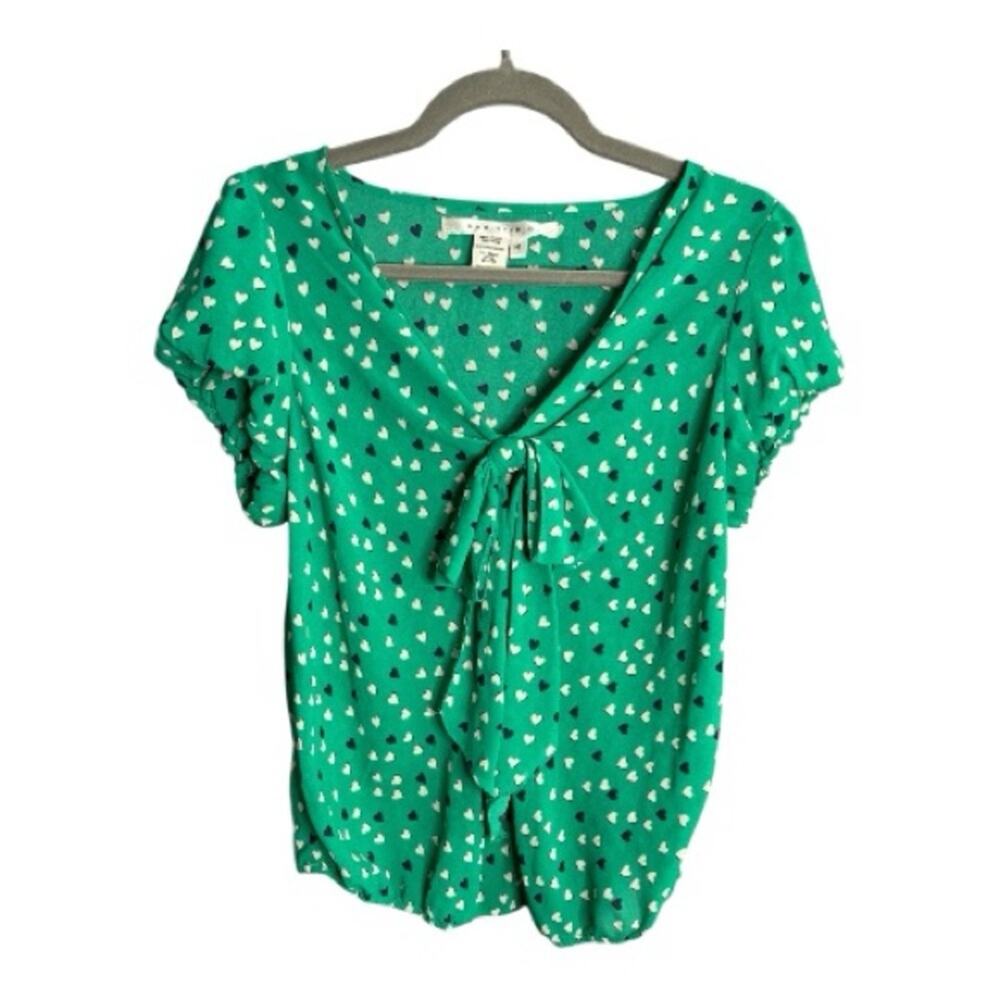 Max Studio Green Heart Print Bow Blouse Medium